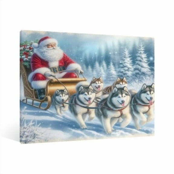 Vintage Christmas Santa Claus and Huskies Wall Art Paint Framed - Retro Xmas Festive Winter Holiday Christmas Wall Decor Canvas Print for Living Room Kitchen Bathroom Home Bedroom Decor