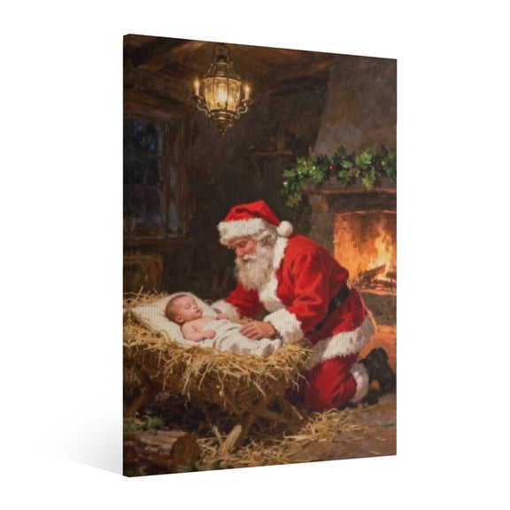 Vintage Christmas Santa Claus ,Jesus Nativity Scene Canvas Wall Art Paint - Retro Xmas Festive Winter Holiday Christmas Wall Decor Canvas for Living Room Kitchen Bathroom Home Bedroom Decor Framed