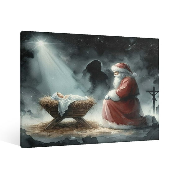 Vintage Christmas Santa Claus, Jesus Nativity Scene Wall Art Paint Framed - Retro Xmas Festive Winter Holiday Christmas Wall Decor Canvas Print for Living Room Kitchen Bathroom Home Bedroom Decor