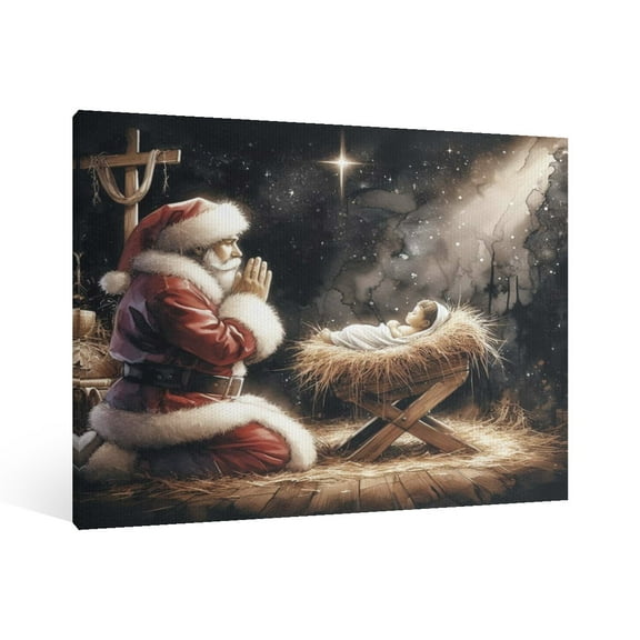 Vintage Christmas Santa Claus, Jesus Nativity Scene Wall Art Paint Framed - Xmas Festive Winter Holiday Christmas Wall Decor Canvas Print for Living Room Kitchen Bathroom Home Bedroom Decor