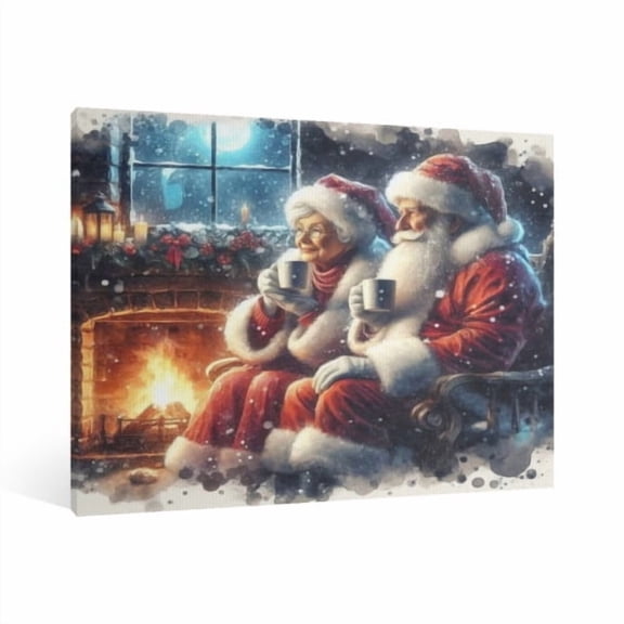 Vintage Christmas Santa Claus and Mrs. Christmas Wall Art Paint Framed - Retro Xmas Festive Winter Holiday Christmas Wall Decor Canvas Print for Living Room Kitchen Bathroom Home Bedroom Decor
