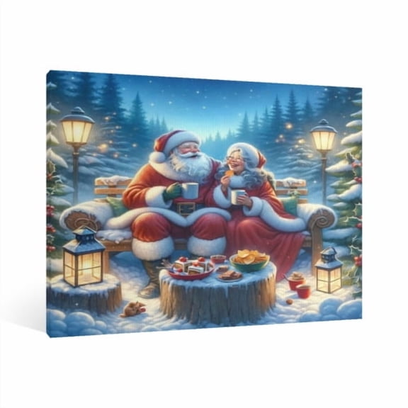 Vintage Christmas Santa Claus and Mrs. Christmas Wall Art Paint Framed - Retro Xmas Festive Winter Holiday Christmas Wall Decor Canvas Print for Living Room Kitchen Bathroom Home Bedroom Decor