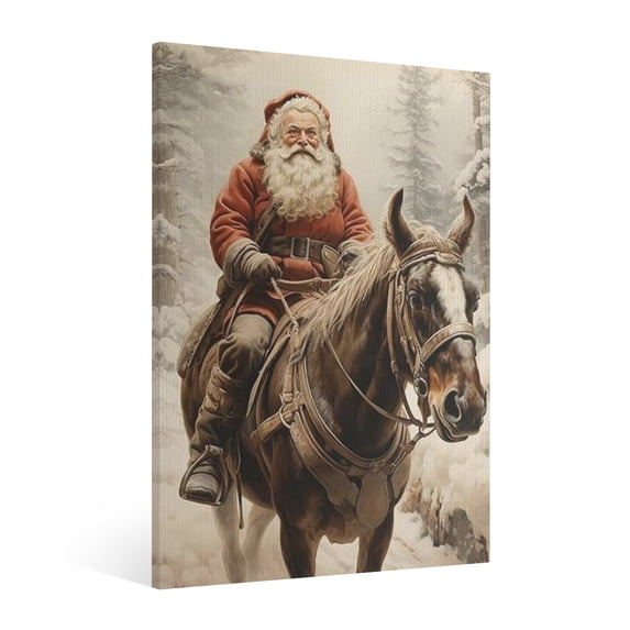 Vintage Christmas Santa Claus Riding in Snow Scenery Wall Art Paint Framed - Retro Xmas Festive Winter Holiday Christmas Wall Decor Canvas Print for Living Room Kitchen Bathroom Home Bedroom Decor