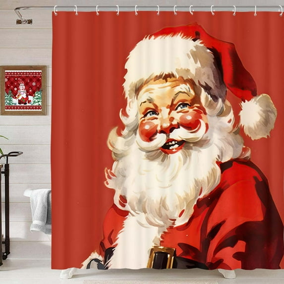 Vintage Christmas Santa Claus Shower Curtain for Bathroom, Retro Xmas Cute Fabric Bath Accessories Curtains Decor with Hooks Decor with Hooks 72X78 Inches