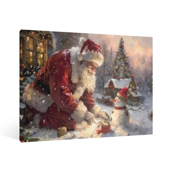 Vintage Christmas Santa Claus Wall Art Paint - Retro Xmas Festive Winter Holiday Christmas Wall Decor Canvas for Living Room Kitchen Bathroom Home Decor Framed