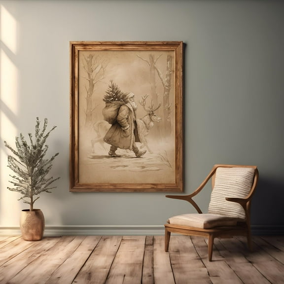 Vintage Christmas Santa Claus and Reindeer Printable Wall Art, Holiday Décor Wall Art, Rustic Festive Home Decor, Antique Print, 12x18 UNFRAMED