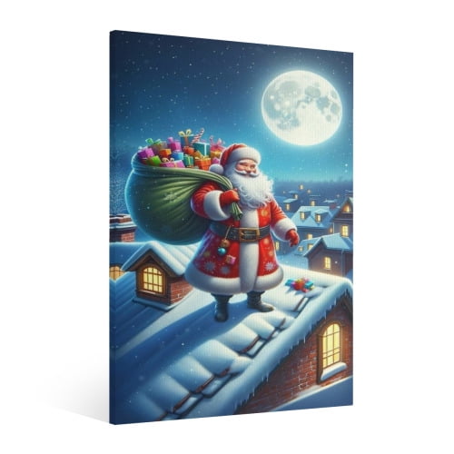 Vintage Christmas Santa Claus brings surprises Wall Art Paint Framed - Retro Xmas Festive Winter Holiday Christmas Wall Decor Canvas Print for Living Room Kitchen Bathroom Home Bedroom Decor
