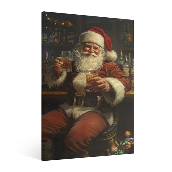 Vintage Christmas Santa Claus drinking beer Wall Art Paint - Retro Xmas Festive Winter Holiday Christmas Wall Decor Canvas for Living Room Kitchen Bathroom Home Bedroom Decor Framed