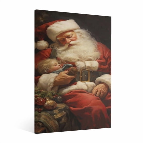 Vintage Christmas Santa Claus holding a little doll in his arms Wall Art Paint Framed - Retro Xmas Festive Winter Holiday Christmas Wall Decor Canvas Print for Living Room Kitchen Bathroom Home Decor