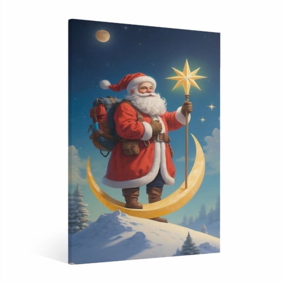 Vintage Christmas Santa Claus holding a star cane Wall Art Paint Framed - Retro Xmas Festive Winter Holiday Christmas Wall Decor Canvas Print for Living Room Kitchen Bathroom Home Bedroom Decor