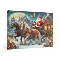 Vintage Christmas Santa Claus rides a carriage Wall Art Paint Framed - Retro Xmas Festive Winter Holiday Christmas Wall Decor Canvas Print for Living Room Kitchen Bathroom Home Bedroom Decor