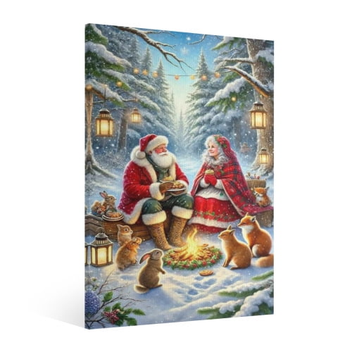Vintage Christmas Santa Claus and his wife Wall Art Paint Framed - Retro Xmas Festive Winter Holiday Christmas Wall Decor Canvas Print for Living Room Kitchen Bathroom Home Bedroom Decor