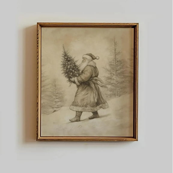 Vintage Christmas Santa Poster Santa Holding Tree Drawing Winter Forest Painting Wall Art For Living Room Home Holiday Wall Decor Unframed