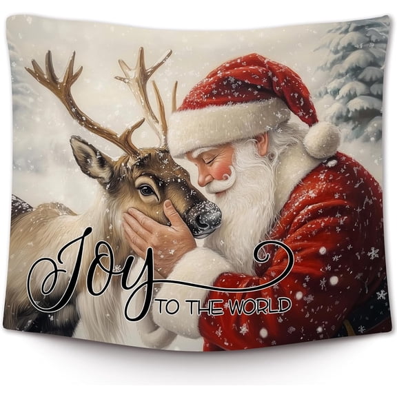 Vintage Christmas Santa Reindeer Wall Tapestry, Farmhouse Winter Wall Hanging Decor for Bedroom and Living Room, 50x60 in