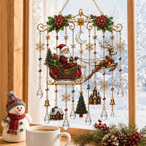 Vintage Christmas Santa Sleigh Reindeer Suncatcher Wind Chime, Stained Glass Style Crystal Teardrop Hanging Ornament, Poinsettia Snowflake Window Wall Hanging Decor for Xmas Holiday Home Front Door