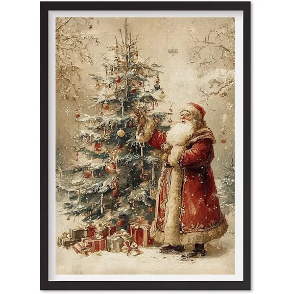 Vintage Christmas Santa Wall Art Print, Neutral Santa & Tree Drawing, Winter Forest , Matte Canvas Stretched, Posters for Room Bedroom Living Room Bathroom Wall Decor, Posters & Art Prints, Gift.