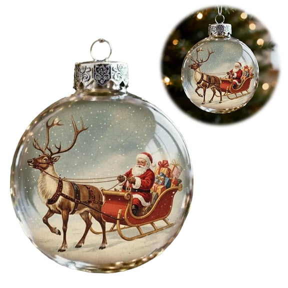 Vintage Christmas Scene Ball Ornaments, Clear Fillable Plastic Ornaments Ball, Retro Santa Claus Snow Scene Hanging Ornament Farmhouse Home Fireplace Decoration Holiday Party Favors