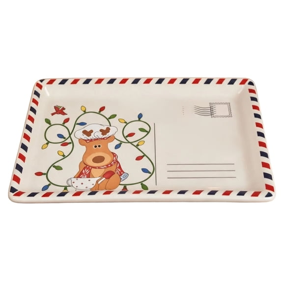 Vintage Christmas Serving Platter, Holiday Cookie Dessert Appetizer Tray with Postcard Design, Decorative Ceramic Serving Plate for Christmas Party Kitchen Dining Table Buffet Decor