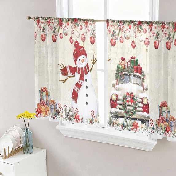 Vintage Christmas Sheer Curtains 54 Inch Length 2 Panels Set, Snowman Truck Xmas Balls Snowflake Voile Window Treatment Rod Pocket Short Kitchen Curtains Drapes for Bedroom 52"x54"x2