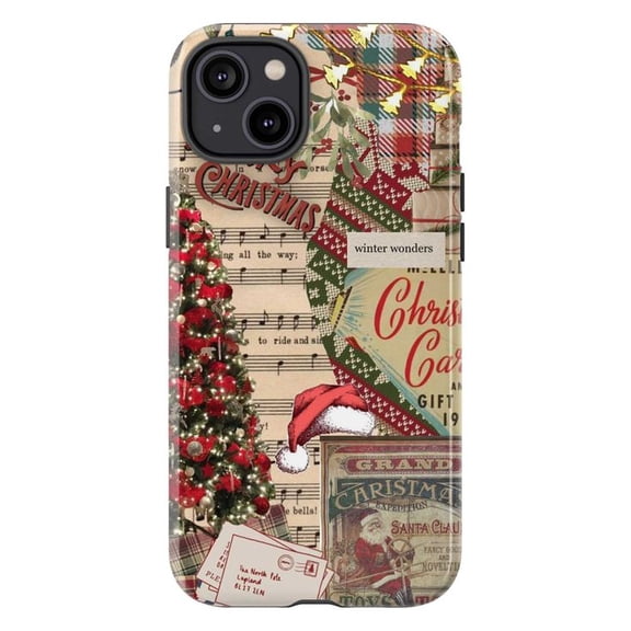 Vintage Christmas Sheet Music Phone Case, Retro Tree & Stocking Collage Cover for iPhone 17 16 15 14 13 12 11 Plus Pro Max Mini