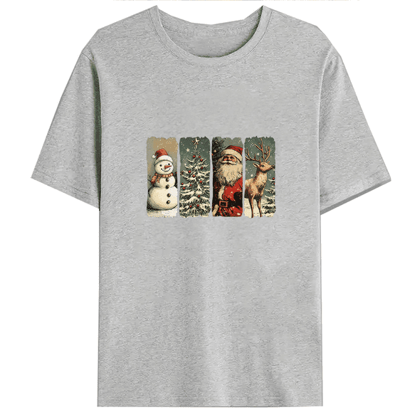 Vintage Christmas Shirts Santa Claus Print Tshirts Snowman & Tree Graphic Tees Short Sleeve Casual Tops for Holiday Gray,S