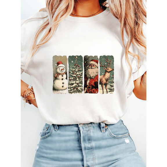 Vintage Christmas Shirts Santa Claus Print Tshirts Snowman & Tree Graphic Tees Short Sleeve Casual Tops for Holiday White,S