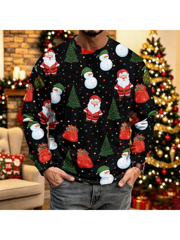 Vintage Christmas Shirts for Men Vintage Crewneck Christmas Graphic T-Shirts Holiday Waffle Knit Long Sleeve Lightweight Pullover Tops,Gray,S