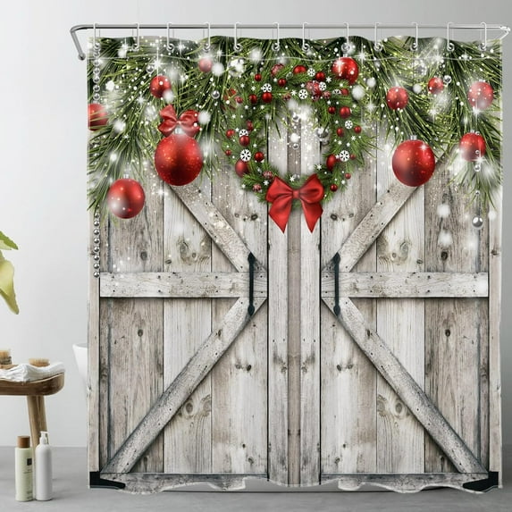 Vintage Christmas Shower Curtain for Bathroom,Red Xmas Ball with Green Fir Twigs Wreath on Rustic Barn Door Fabric Shower Curtain with Hooks,Western Farmhouse Bathroom Curtain Shower Set, 72x72 inches