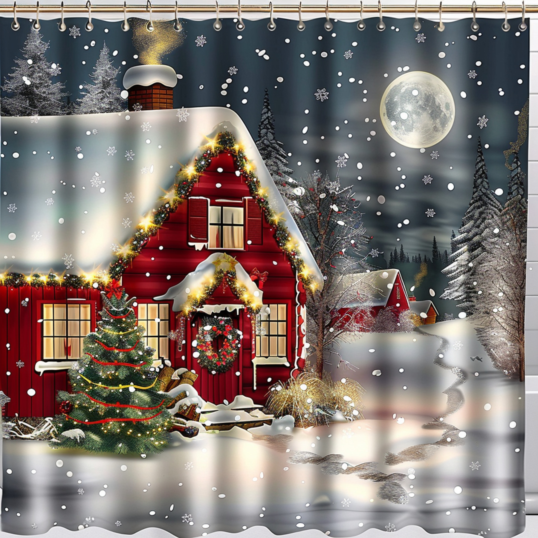 Vintage Christmas Shower Curtain Festive Snowy Cottage Decor for Winter