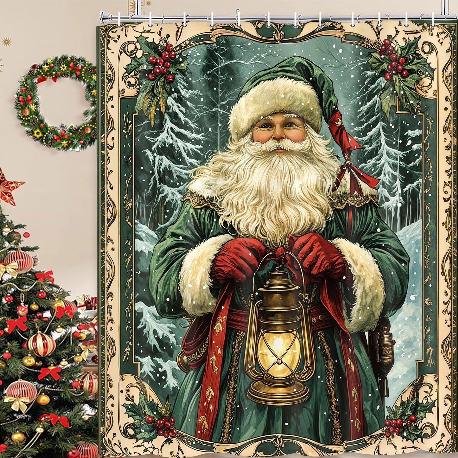 Vintage Christmas Shower Curtain, Funny Green Santa Claus Snow Forest Xmas Tree Pine Leaves Shower Curtain Set for Bathroom, Retro Victorian Santa Shower Curtains with Hooks, 72X72in