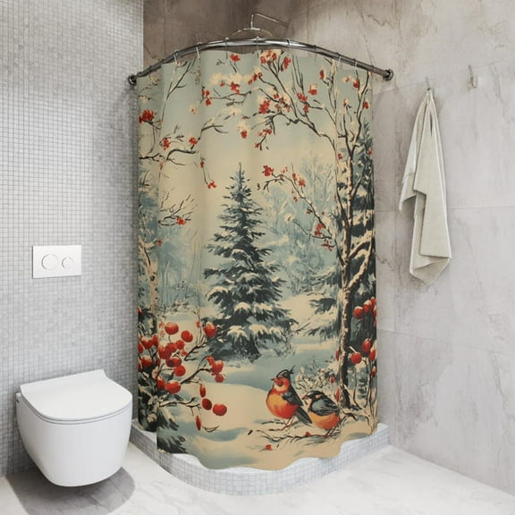 Vintage Christmas Shower Curtain Winter Shower Curtain Snowy Scene Shower Curtain Vintage Winter Bathroom Robin Bird Shower Curtain Gift