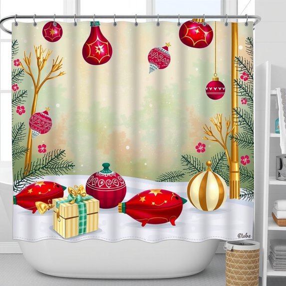 Vintage Christmas Shower Curtain with Red Ornaments & Gold Accents