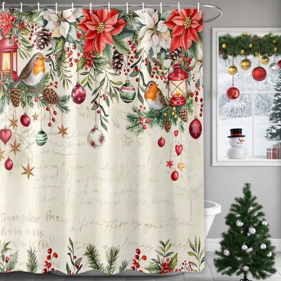 Vintage Christmas Shower Curtains for Bathroom, Xmas Poinsettia Balls Botanical Birds Waterproof Fabric Shower Curtain for Bathroom Bathtub Decoration, Machine Washable, 36"x72"
