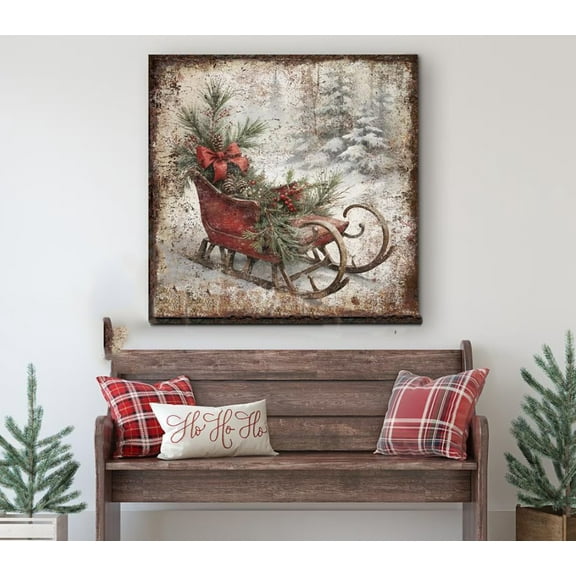 Vintage Christmas Sign Canvas Art Prints Painting Rustic Sleigh Sled Picture Artwork Home Bedroom Farmhouse Kitchen Mantel Decoration No Frame