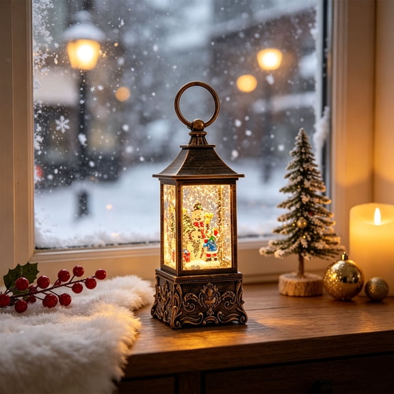 Vintage Christmas Snow Globe Night Light, Christmas Window Decorations, Floating Snow LED Glowing Wind Lamp Ornament, Festive Desktop Window Display Decoration Christmas Eve Holiday Gift