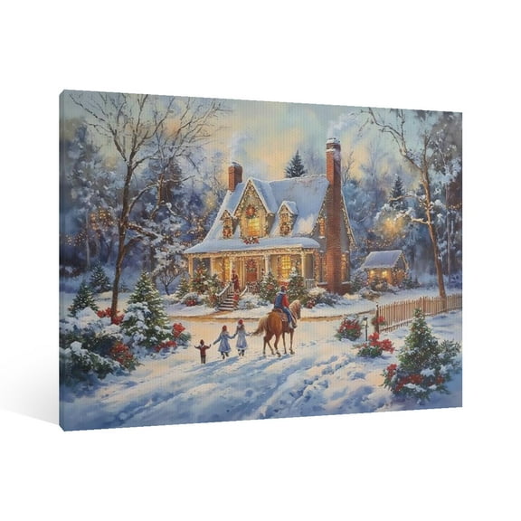 Vintage Christmas Snow View Cottage Wall Art Paint Framed - Retro Xmas Festive Winter Holiday Christmas Wall Decor Canvas Print for Living Room Kitchen Bathroom Home Bedroom Decor