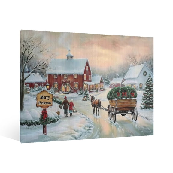 Vintage Christmas Snow View Cottage Wall Art Paint Framed - Retro Xmas Festive Winter Holiday Christmas Wall Decor Canvas Print for Living Room Kitchen Home Bedroom Decor