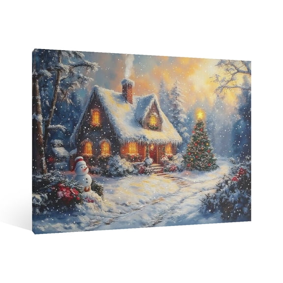 Vintage Christmas Snow View Cottage Wall Art Paint Framed - Retro Xmas Festive Winter Holiday Christmas Wall Decor Canvas Print for Living Room Kitchen Home Bedroom Decor