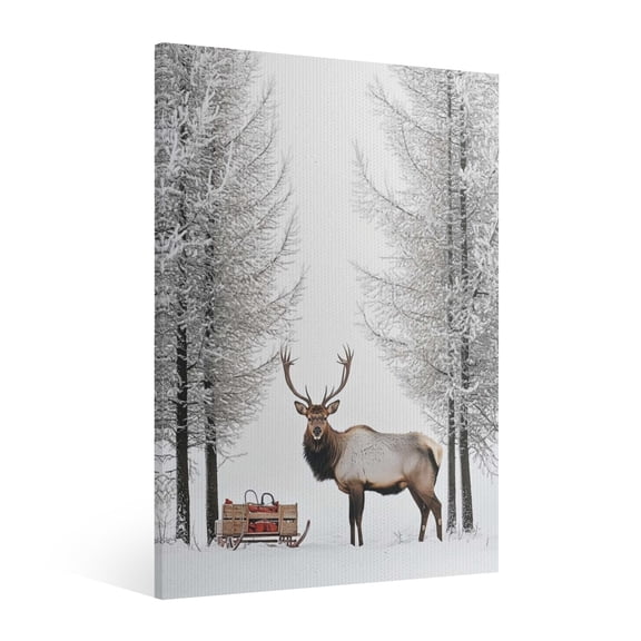 Vintage Christmas Snowy scenery elk Wall Art Paint Framed - Retro Xmas Festive Winter Holiday Christmas Wall Decor Canvas Print for Living Room Kitchen Bathroom Home Bedroom Decor