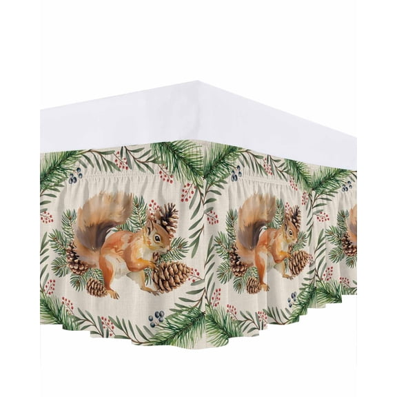 Vintage Christmas Squirrel Bed Skirt Winter Pine Cone Leaf Pastoral Bed Skirts Queen Size 16 Inch Drop, Wrap Around Dust Ruffle Bedskirt with Adjustable Elastic Belt for Queen Size Beds