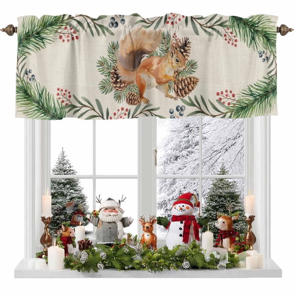 Vintage Christmas Squirrel Valances for Windows, 54 x 18in, Winter Pine Cone Leaf Pastoral Rod Pocket Kitchen Valance Curtain Light Filtering Window Treatments for Living Room Bedroom, 1 Panel