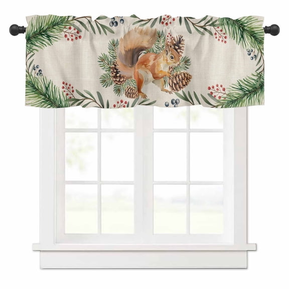 Vintage Christmas Squirrel Valances for Windows Winter Pine Cone Leaf Pastoral Rod Pocket Curtain Valance Window Treatment Short Curtains for Kitchen Living Room, 42"x12"