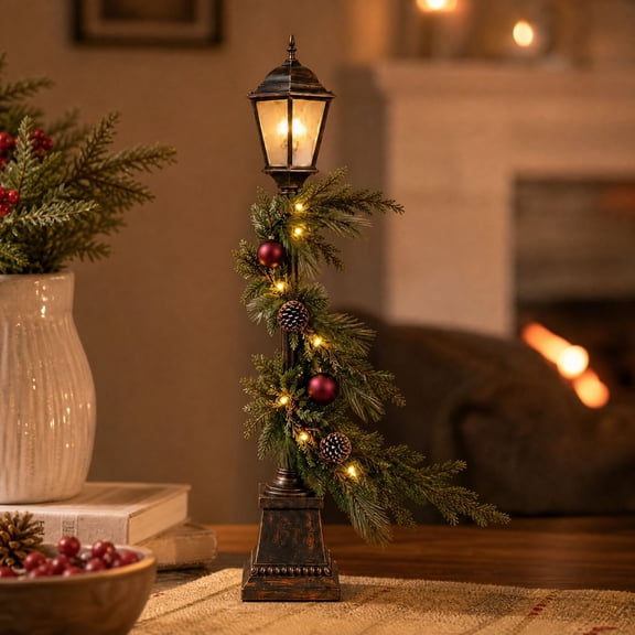 Vintage Christmas Street Lamp Post Sculpture,7.87inch Tall Resin LED Lighted Tabletop Centerpiece Miniature Christmas Village Pathway Lantern Post for Mantel, Shelf,Entry Table &Coffee Bar