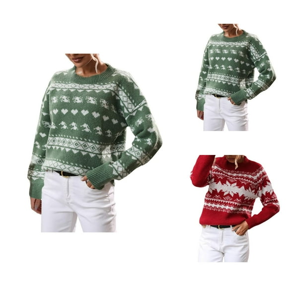 Vintage Christmas Sweaters for Women 2025 Long Sleeve Crewneck Color Block Knitted Pullover Sweater Jumper Tops