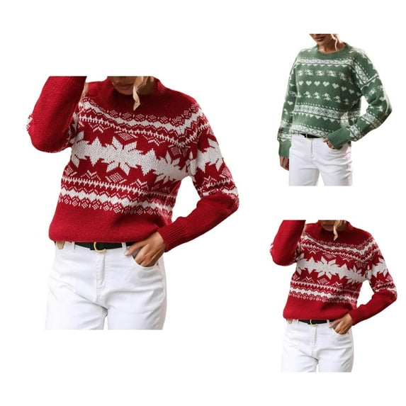 Vintage Christmas Sweaters for Women 2025 Long Sleeve Crewneck Color Block Knitted Pullover Sweater Jumper Tops