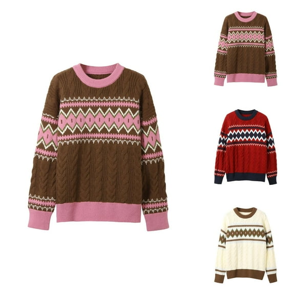 Vintage Christmas Sweaters for Women 2025 Long Sleeve Crewneck Loose Cable Knit Pullover Sweater Jumper Tops