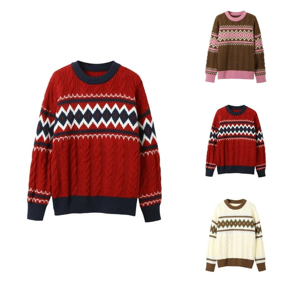 Vintage Christmas Sweaters for Women 2025 Long Sleeve Crewneck Loose Cable Knit Pullover Sweater Jumper Tops