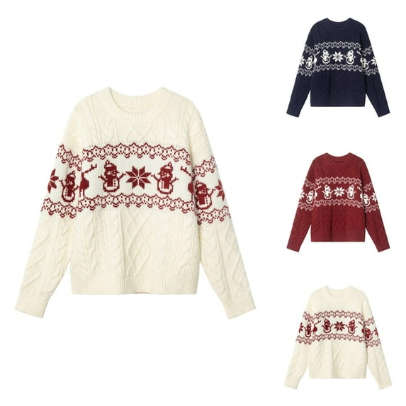 Vintage Christmas Sweaters for Women 2025 Long Sleeve Crewneck Loose Jacquard Cable Knit Pullover Sweater Jumper Tops