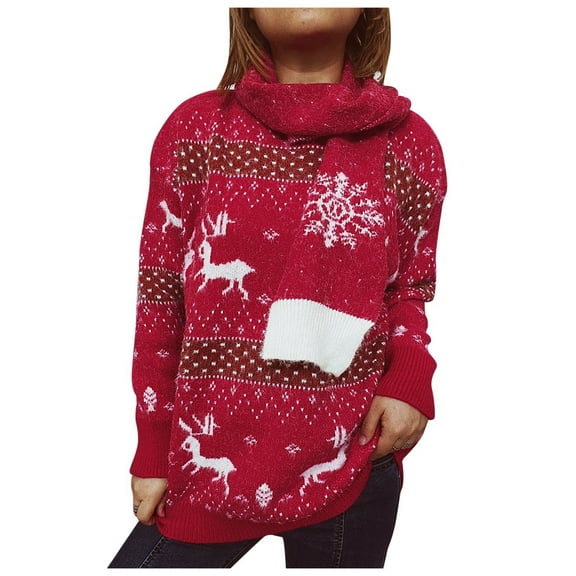 Vintage Christmas Sweaters with Scarf for Women 2025 Long Sleeve Crewneck Jacquard Xmas Pullover Sweater Jumper Tops