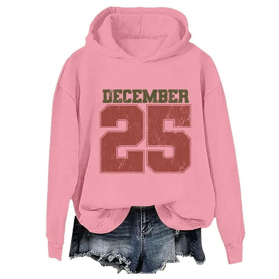 Vintage Christmas Sweatshirt Festive Themed Print Pullover Tops Soft Fleece Casual Cozy Lightweight Long Sleeve Hoody Women Hoodies Pink XL